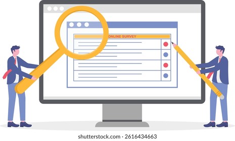 online poll and survey concept, people monitor online survey results using laptops, to create paper note lists, can be used for, landing pages, homepages, posters, banners. flat vector illustration.

