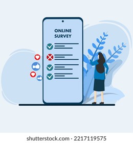 online poll and survey vector illustration concept, woman monitoring online survey results using smart phone, to make list paper notes, usable for, landing page, template, ui, web, homepage, poster.