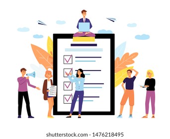 Online polling people concept with tablet screen and voters making decisions flat vector illustration isolated on white background. Voting for business and public projects.