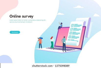 online polling & survey vector illustration concept, people filling online survey form on laptop, to do list paper note,  can use for, landing page, template, ui, web, homepage, poster, banner, flyer