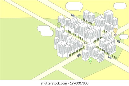 Online popular image, isometric illustration of the building street from a bird's-eye view