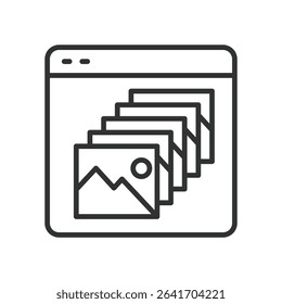 Online portfolio, icon in line design. Showcase, creative, digital gallery, projects, resume, personal branding on white background vector. For the theme: Online portfolio editable stroke icon