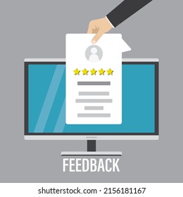 Online Positive Review. Feedback On Monitor Screen. Electronic Customer Rating. Cartoon Hand Hold Testimonial Form. Grading System. Clients Rank. Quality Of Service Or Application.Vector Illustration