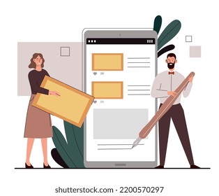 Online post concept. Man writes text and woman attaches photo. Communication and promotion in social networks. SEO and SMM specialists develop interesting content. Cartoon flat vector illustration