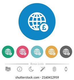 Los iconos blancos planos de pago por libra en línea en fondos de color redondo. 6 iconos de bonificación incluidos.