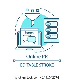 Online PR blue concept icon. Digital marketing tactic idea thin line illustration. Customers communication. Public relations. Advertising strategy. Vector isolated outline drawing. Editable stroke