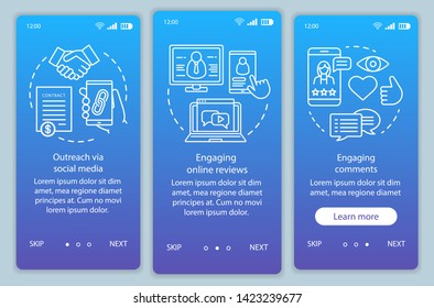 Online PR blue onboarding mobile app page screen vector template. Online reviews and comments  walkthrough website steps with linear illustrations. UX, UI, GUI smartphone interface concept