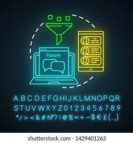 Online PR neon light icon. Digital marketing strategy. Customers communication. Public relations. Advertising strategy. Glowing sign with alphabet, numbers and symbols. Vector isolated illustration