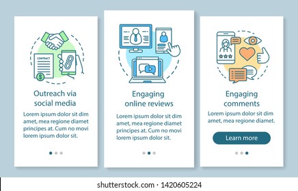 Online PR onboarding mobile app page screen with linear concepts. SMM, digital marketing walkthrough steps graphic instructions. UX, UI, GUI vector template with illustrations