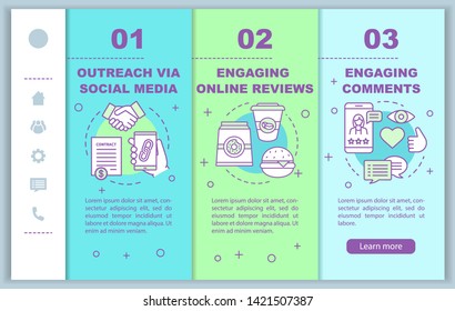 Online PR onboarding mobile web pages vector template. SMM, digital marketing. Responsive smartphone website interface idea with linear illustrations. Webpage walkthrough step screens. Color concept 