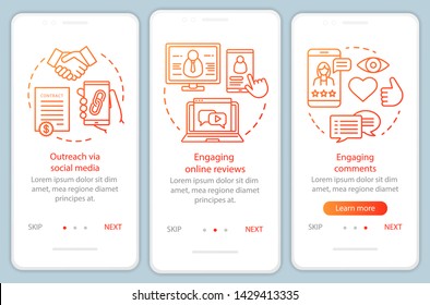 Online PR orange onboarding mobile app page screen vector template. Outreach via social media walkthrough website steps with linear illustrations. UX, UI, GUI smartphone interface concept