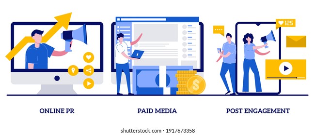 Online PR, paid media, post engagement concept with tiny people. Digital PR service abstract vector illustration set. Copywriting, corporate communication, follower interaction, public relations.