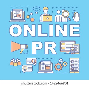 Online PR word concepts banner. Public relations. Digital marketing tactic. Presentation, website. Isolated lettering typography idea with linear icons. Vector outline illustration