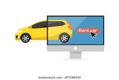 Online Pre Ordering Car Concept With Computer Monitor Isolated On White Background Vector Illustration. City Renting Car Service In Flat Design.