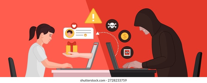 Predador online e criminoso usando uma identidade falsa para enganar e prejudicar uma jovem online