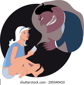 Online Predator. Teenage Girl Talking On A Smart Phone With A Monster, Vector Illustration