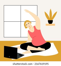 Online pregnant yoga studio. Future mother doing aerobic exercises in front of the laptop. Woman expecting a baby practicing yoga. Vector flat illustration
