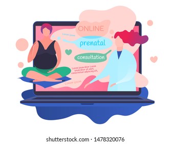 Online prenatal consultation image in modern vanguard simplistic style. Digital vector illustration in bright pink, blue, grey, green vibrant colors. Medical, healthcare, childbearing concept