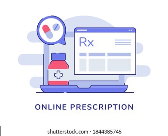 Online prescription concept drug pill tablet bottle paper on laptop white isolated background with flat style