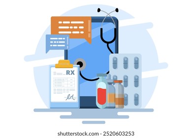 Online prescription concept, prescription management system, online pharmacy, drugstore, diagnosis, hospital. Online medical consultation, telemedicine and e-healthcare. Flat vector illustration.