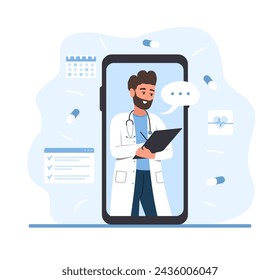 Online prescription. Doctor on smartphone screen. Virtual medical consultation. Therapist writing medical recipe. Healthcare concept. Vector illustration in flat cartoon style.