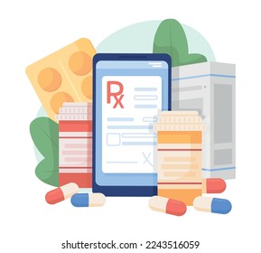 Online prescription flat concept vector illustration. Medicine pills. Editable 2D cartoon objects on white for web design. Telemedicine creative idea for website, mobile, presentation