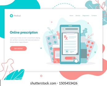 Online prescription. Medical concept. Web page design template. Flat vector illustration.