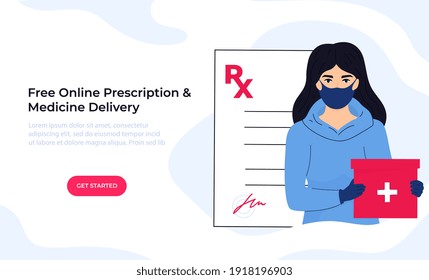 Online Prescription. Medicine delivery. Courier in protective mask delivers medicament. Web page template.