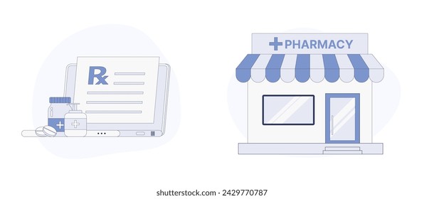 Online Prescription and Pharmacy Store. Flat Cartoon Vector Illustration. Vector illustration, suitable for web landing page, ui, mobile app.