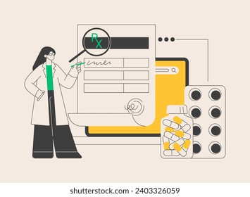 Ilustración vectorial abstracta del sistema de prescripción en línea. Sistema de prescripción médica en línea, prescripción electrónica, farmacia en línea, prescripción electrónica, solicitud digital metáfora abstracta.