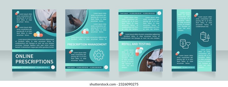 Online prescriptions blank brochure design. Template set with copy space for text. Premade corporate reports collection. Editable 4 paper pages. Source Sans, Myriad Pro Regular fonts used