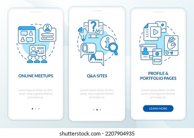 Online presence blue onboarding mobile app screen. Digital networking walkthrough 3 steps editable graphic instructions with linear concepts. UI, UX, GUI template. Myriad Pro-Bold, Regular fonts used