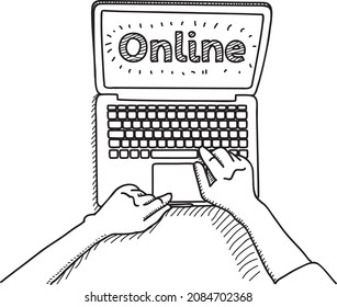 Online presence -  - sketchy hand-drawn vector illustration. Hands with laptop.