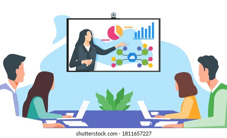 Online Presentation. Businesswoman Present Investment to Potential Client or Senior Worker Explain Data Analysis to Employee via Virtual Remote Meetings TV Video Web Conference or Live Stream Webinar.