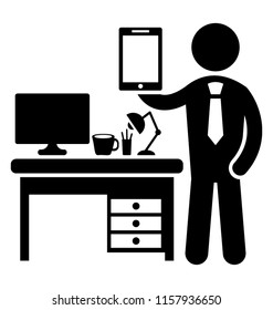 
An online presentation by office worker by holding tablet gadget in hand 
