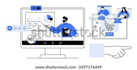 Online presentation with charts and presenter digital shopping with profile icons, cart and discount sign. Ideal for e-learning, e-commerce, webinars, digital marketing, remote work, presentations