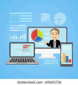 Online presentation concept. Screens and monitors with presenter and data.
