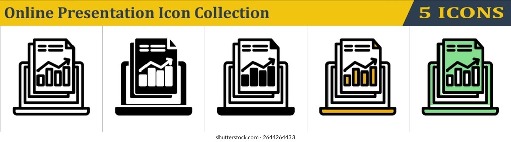 Colección de iconos de presentación en línea con 5 iconos de estilo (contorno, sólido, mezclado, contorno de color lineal y color sólido lineal) 