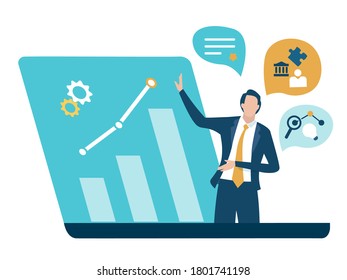 Online presentation of the idea. Businessman stepping out the laptop. Vector illustration