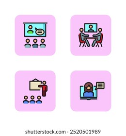 Online presentation line icon sets. Video chat, webinar, blogger, meeting. Business or promotion concept. Vector illustrations can be used for topics like education, negotiation, modern technologies