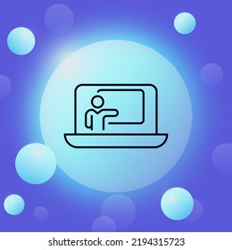 Online Presentation Line Icon. Speech, Man, Laptop, Slide Show, Lecture, Student, Education, Report, Remote Work, Online Conference, Webinar. Communication Concept. Glassmorphism. Vector Line Icon.