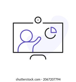 Online presentation simple line icon. Video conference and online meeting concept. Distance work and learning. Vector illustration. Laptop, computer, chatting, conferencing
