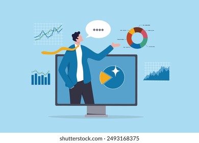 Online presentation webinar, conference or online seminar, consultation or data analyzing meeting, business discussion, financial expertise concept, businessman on computer screen presenting data.