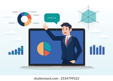 Online presentation webinar, conference or online seminar, consultation or data analyzing meeting, business discussion, financial expertise concept, businessman on computer screen presenting data