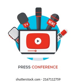 Online press conference icon. Desktop with press conference live video. Computer with microphones and voice recorders. Online mass media event. Internet interview concept. Vector illustration