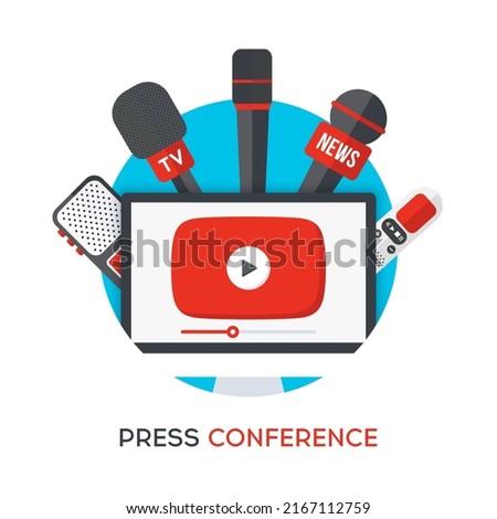 Online press conference icon. Desktop with press conference live video. Computer with microphones and voice recorders. Online mass media event. Internet interview concept. Vector illustration