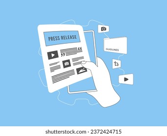 Online press release concept. Digital media advertising, internet news press release and tabloid headlines. Vector isolated illustration on blue background with icons