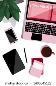 Online press release. Desktop in flat style top view. Online news, digital media, advertising. Social media for marketing. White background