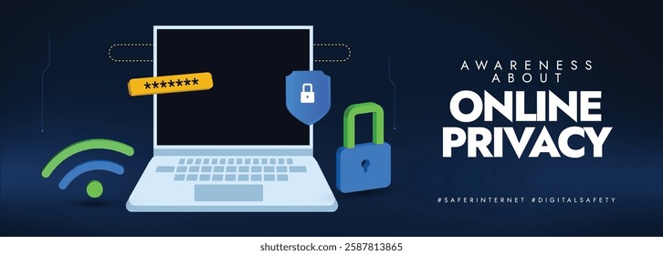 Online Privacy Awareness. Online Privacy horizontal banner with laptop and security icons conveys a message of online safety in modern world. Cyber security. Digital crime concept and data protection.