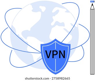 Online privacy, cybersecurity, internet safety, data protection, secure browsing, global networks. Shield with VPN text over a globe with connectivity lines. Online privacy and cybersecurity concept